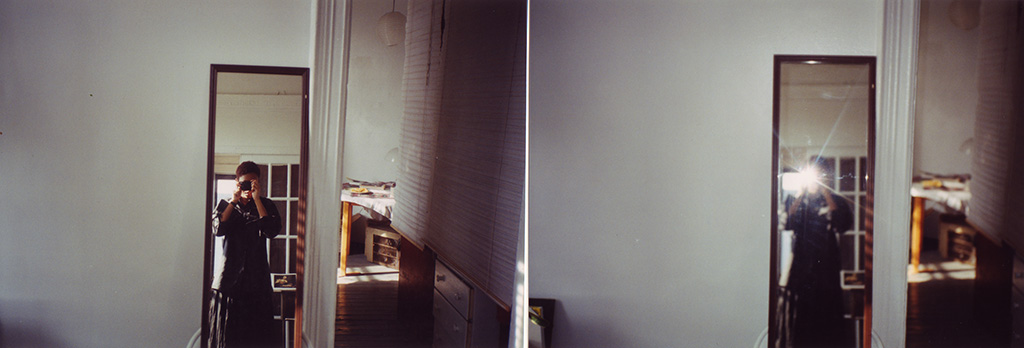 Diptych of mirror self-portraits in a white bedroom: Auriea photographing her reflection, then the same mirror with the camera flash burst obliterating her face