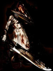 Pyramid Head from Silent Hill 2: the pale executioner in his rusted angular helmet dragging the enormous Great Knife through darkness