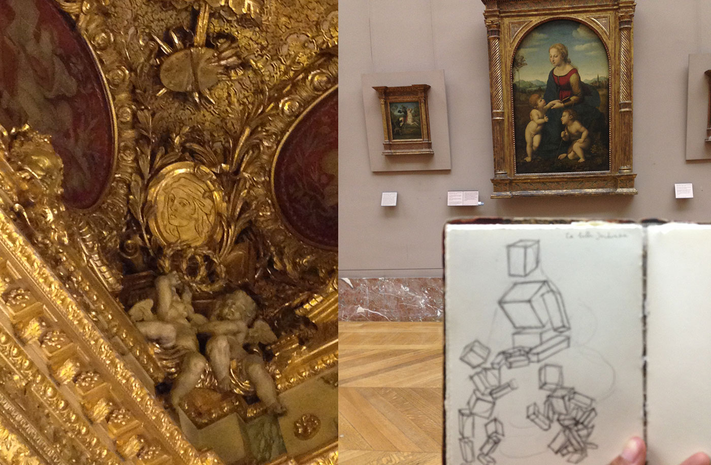 Two Louvre photos: a gilded ceiling crowded with ornament and putti, and Raphael's La Belle Jardinière with a sketchbook of tumbling cube studies held before it Two Louvre photos: a gilded ceiling crowded with ornament and putti, and Raphael's La Belle Jardinière with a sketchbook of tumbling cube studies held before it