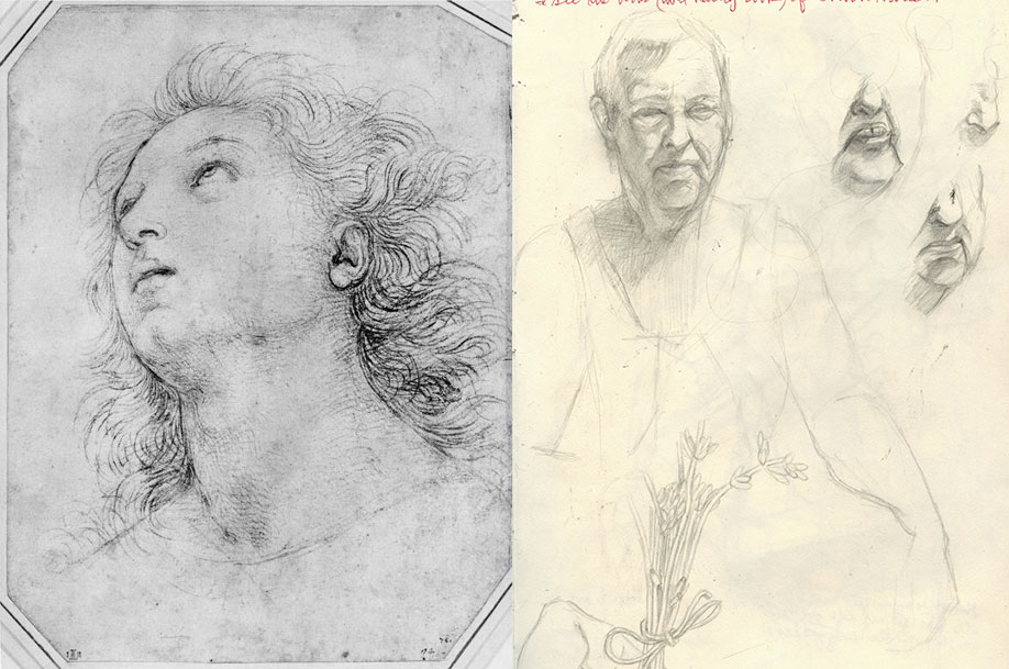 Raphael's black-chalk study of an upturned female head beside a pencil sketchbook page of an older man in a tank top with studies of mouths and noses Raphael's black-chalk study of an upturned female head beside a pencil sketchbook page of an older man in a tank top with studies of mouths and noses