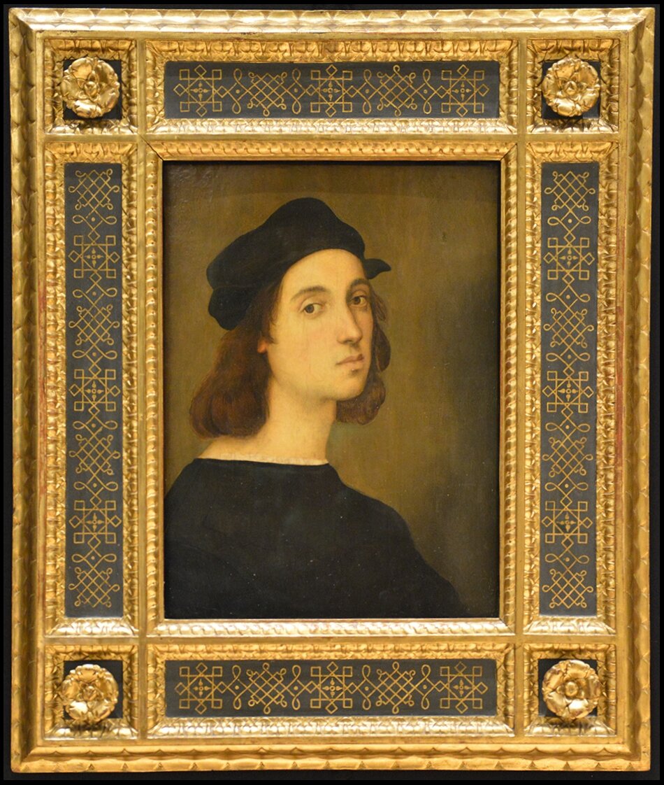 Raphael's self-portrait from the Uffizi: the young painter in black cap and robe glancing over his shoulder, in a gold frame inlaid with knotwork panels Raphael's self-portrait from the Uffizi: the young painter in black cap and robe glancing over his shoulder, in a gold frame inlaid with knotwork panels