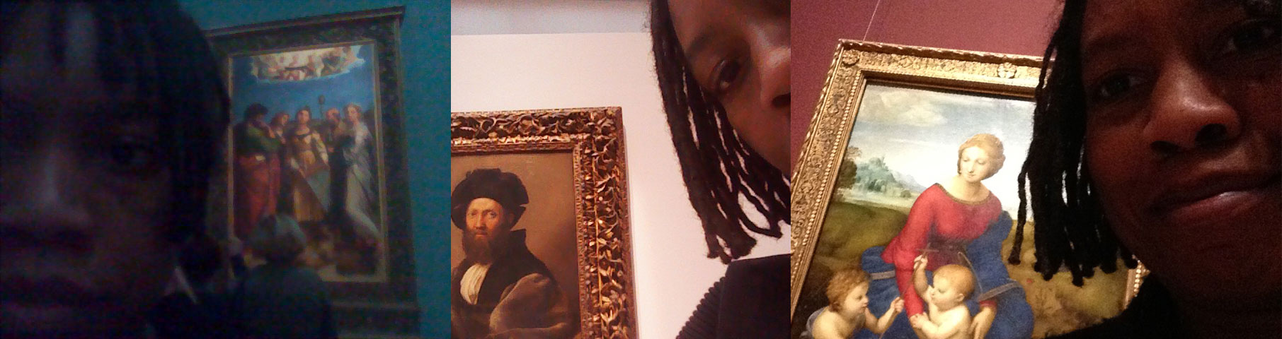 Three museum selfies of Auriea with Raphaels: the Ecstasy of Saint Cecilia in Bologna, the portrait of Baldassare Castiglione, and the Madonna of the Meadow Three museum selfies of Auriea with Raphaels: the Ecstasy of Saint Cecilia in Bologna, the portrait of Baldassare Castiglione, and the Madonna of the Meadow