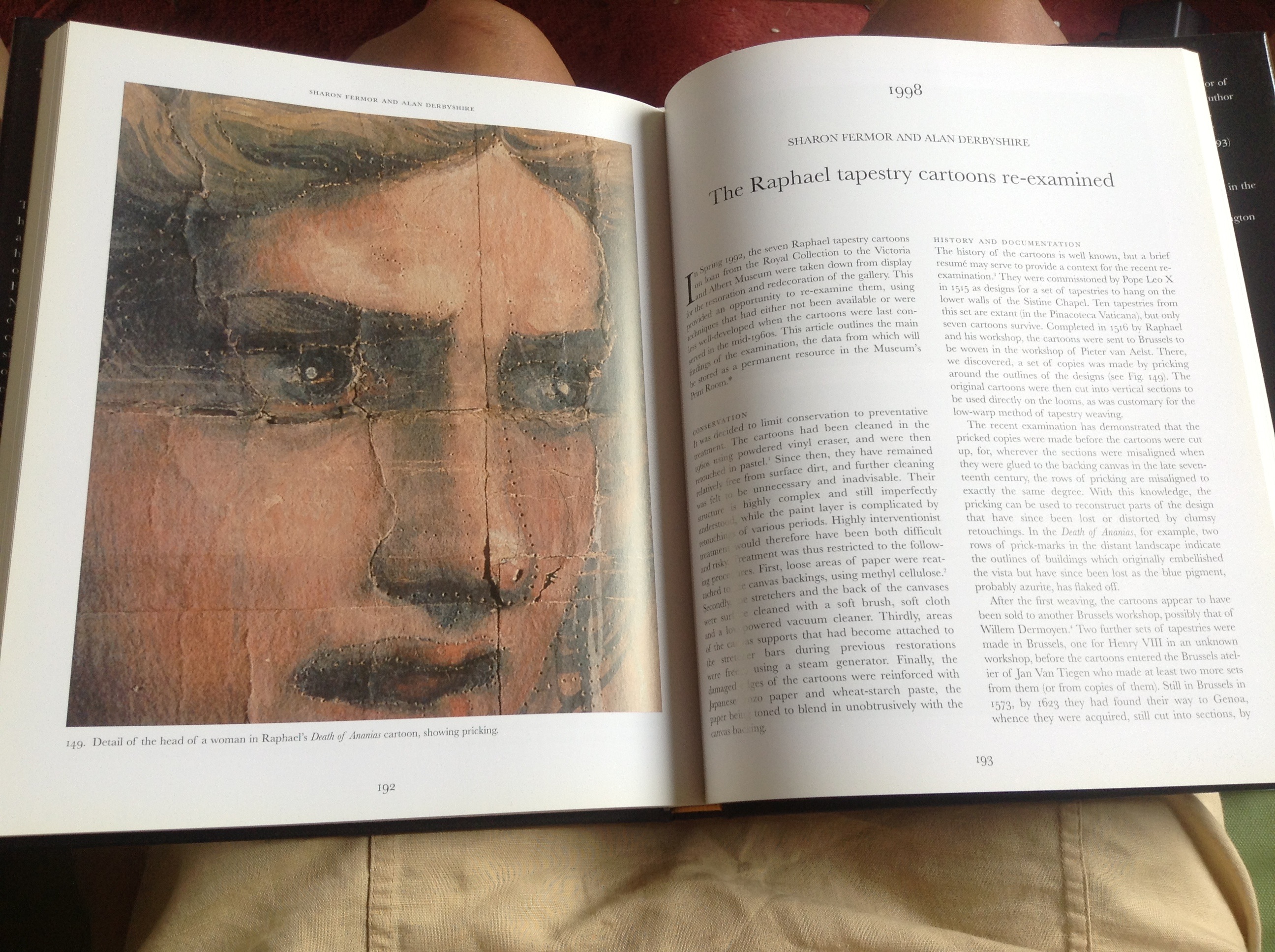 A Burlington Magazine anthology open to the 1998 article The Raphael Tapestry Cartoons Re-examined, with a pricked cartoon head of a woman as its plate A Burlington Magazine anthology open to the 1998 article The Raphael Tapestry Cartoons Re-examined, with a pricked cartoon head of a woman as its plate