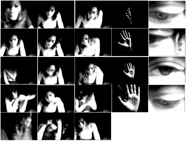 Grid of grainy black-and-white webcam self-portraits: Auriea in a tank top posing and blurring, a raised palm with VSOP written on it, and close-ups of one eye