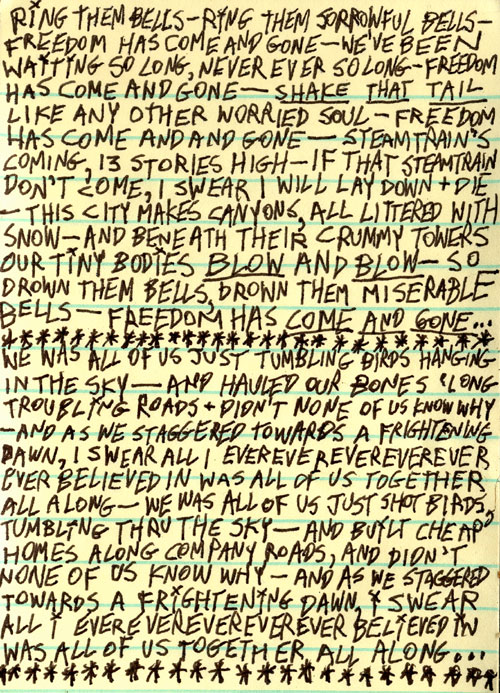 Song lyrics hand-lettered in black marker filling a yellow legal page, beginning ring them bells and ending in rows of small asterisk stars
