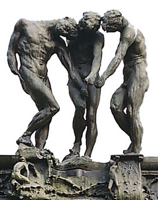 Auguste Rodin's The Three Shades atop the Gates of Hell: three identical bowed bronze nudes leaning together, arms hanging toward one another