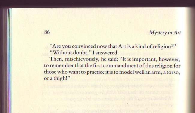 Page from Rodin's conversations on art: asked if art is a kind of religion, he answers that its first commandment is to model well an arm, a torso, or a thigh