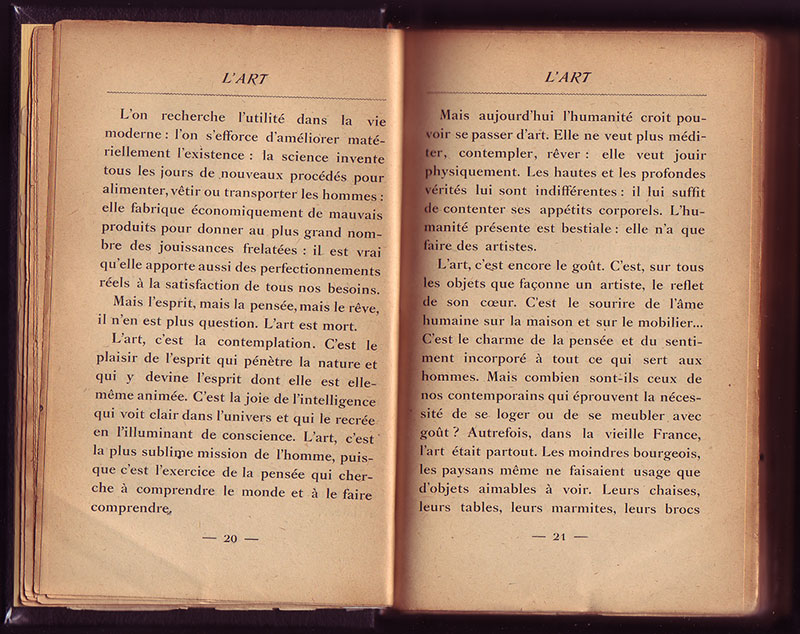 Yellowed spread from Rodin's L'Art in French: passages declaring art dead to modern utility, and art as contemplation, the joy of intelligence seeing clearly