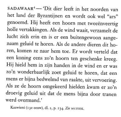 Dutch text on the Sadawaar, a beast of Byzantine lands from Kazwini: its horn of forty-two hollow branches sings sweetly in wind, and mournfully when reversed