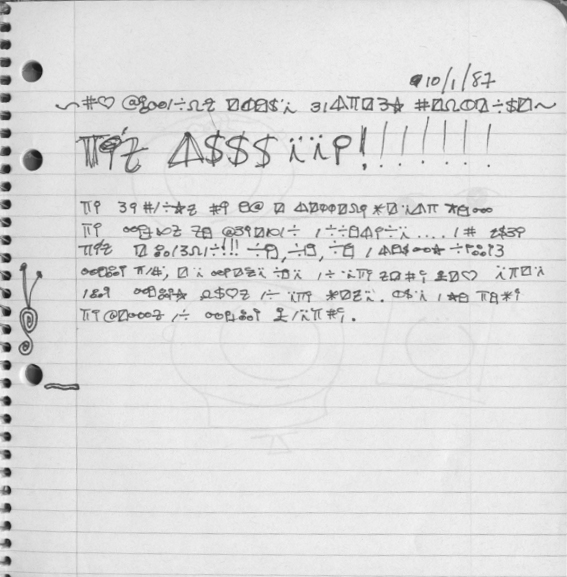 Spiral notebook page dated 10/1/87 written entirely in an invented cipher of hearts, triangles, and squiggles, one line ending in a burst of exclamation marks