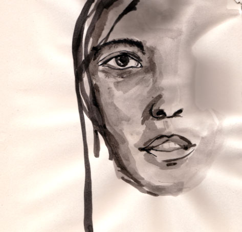 Ink-wash self-portrait of half of Auriea's face in sepia strokes, one braid falling past her eye, the rest of the sheet left bare