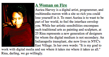 Web clipping titled A Woman on Fire naming Auriea Harvey a digital artist, programmer, and multimedia maven, beside a red-lit portrait of her at 25