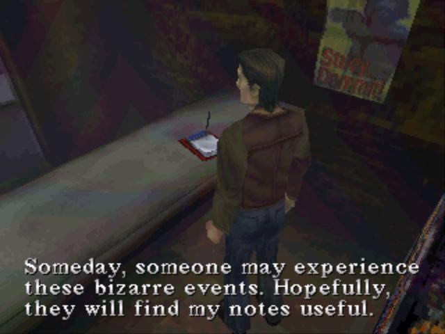 Silent Hill screenshot: Harry Mason stands at a counter with a red notepad as text reads that someone may someday find these notes useful