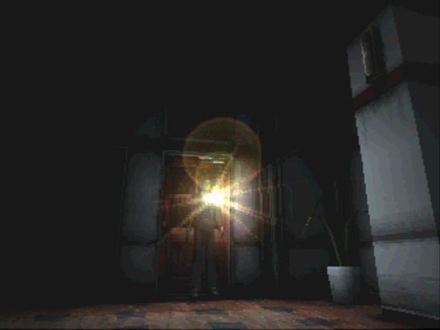 Silent Hill screenshot: a dark corridor swallowed in black, the flashlight flaring gold against a door beside a potted plant