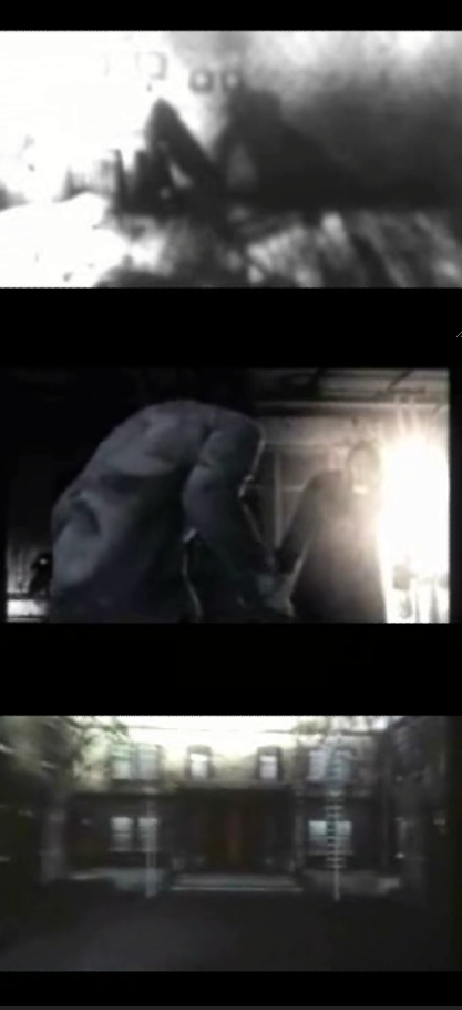 Three murky frames from Silent Hill 4: a grainy monochrome ceiling, a huge fist against a lit corridor, and a row of apartment windows over a courtyard