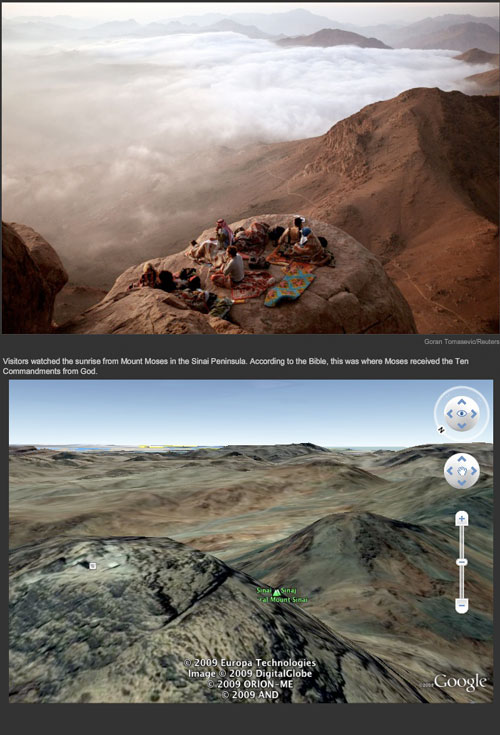 News photo of pilgrims wrapped in blankets watching sunrise above the clouds on Mount Sinai, paired with a Google Earth view of the same brown peaks