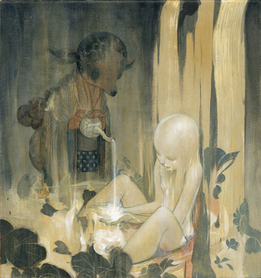 James Jean's painting Sink: a robed minotaur pours a thread of water from a teapot toward a pale bald girl curled in a tub among dark leaves