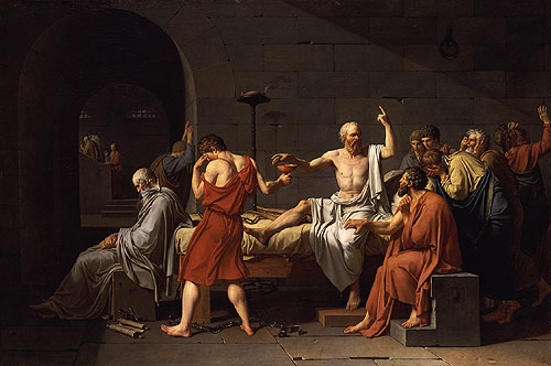 Jacques-Louis David's The Death of Socrates: the philosopher reaches for the hemlock cup while pointing skyward, his grieving students around the prison bed