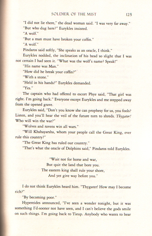 Page 125 of Gene Wolfe's Soldier of the Mist: at an opened grave a dead woman speaks as an oracle, questioned about a wolf whose name was Man