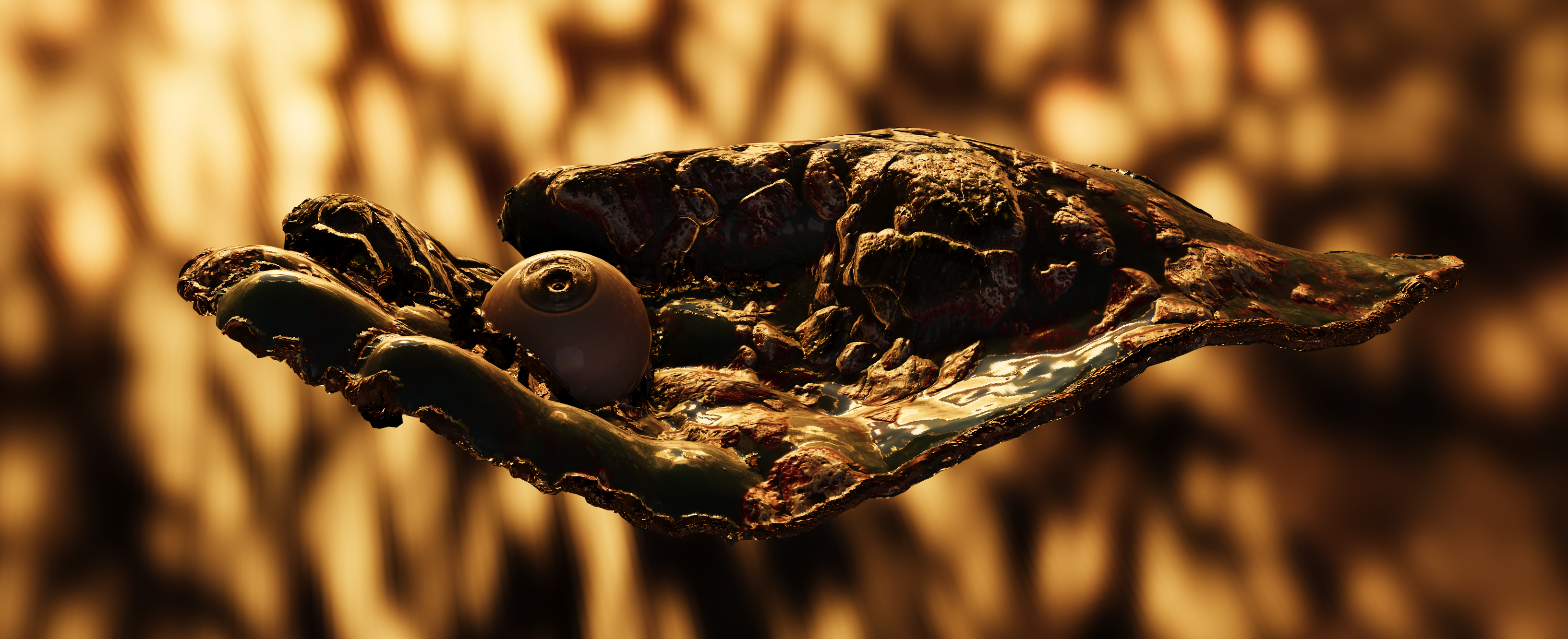 Stygian Hand: a dark encrusted open hand rendered in bronze and green, cradling a single brown eyeball in its glossy palm against molten gold blur
