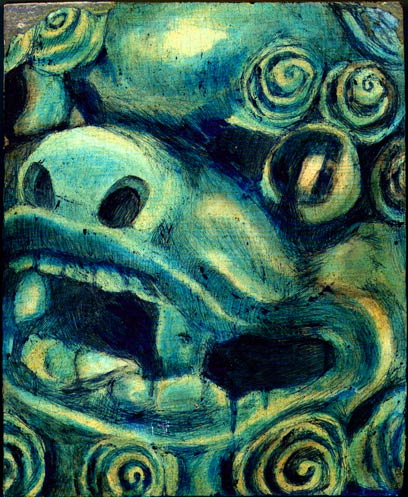 Sunny's Lion: a blue-green painting of a snarling shishi guardian lion face, round eyes and bared teeth framed by spiraling curls of mane