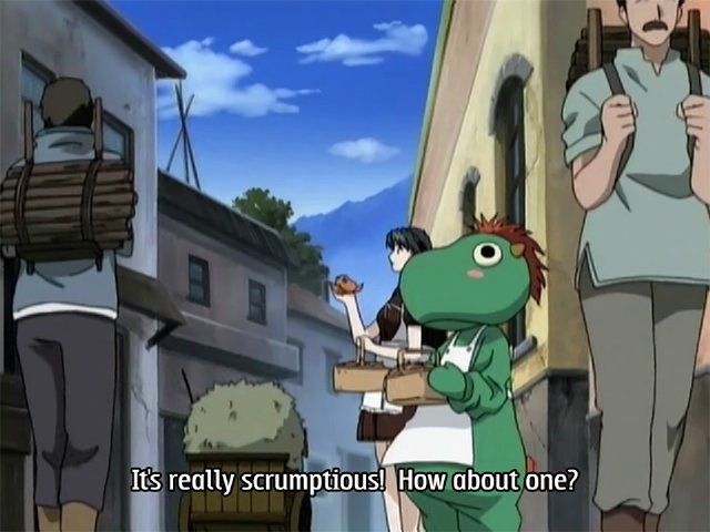 Anime still: a green dinosaur mascot in a white apron offers baked snacks from a tray in a village street, subtitled It's really scrumptious! How about one?