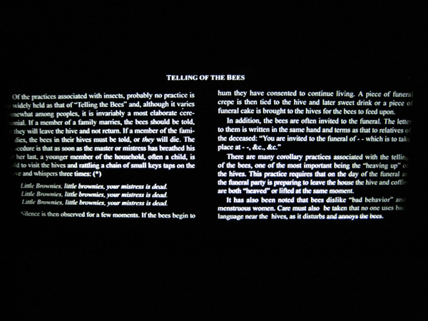 Photographed text titled Telling of the Bees: the custom of informing hives of a death in the household, whispering thrice that their mistress is dead