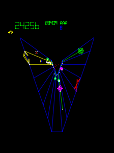 Tempest gameplay: a blue wireframe funnel plunging into blackness, the yellow claw shooter at its rim firing down at red and purple enemies