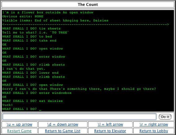 Browser play-through of Scott Adams's text adventure The Count: green terminal text in a flower box outside an open window, tying sheets and eating daisies