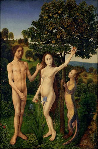 Hugo van der Goes's The Fall of Man: Adam and Eve stand naked by the fruit tree while the serpent, a lizard with a woman's head, watches Eve reach for an apple