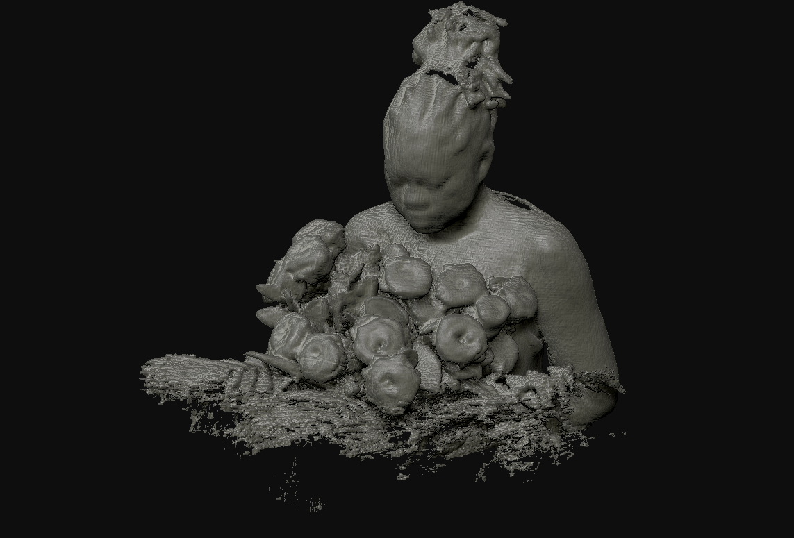 Raw photogrammetry scan for The Flower Seller: a grey ragged-edged bust with a blurred face, an armful of thick-petaled blooms dissolving into scan debris