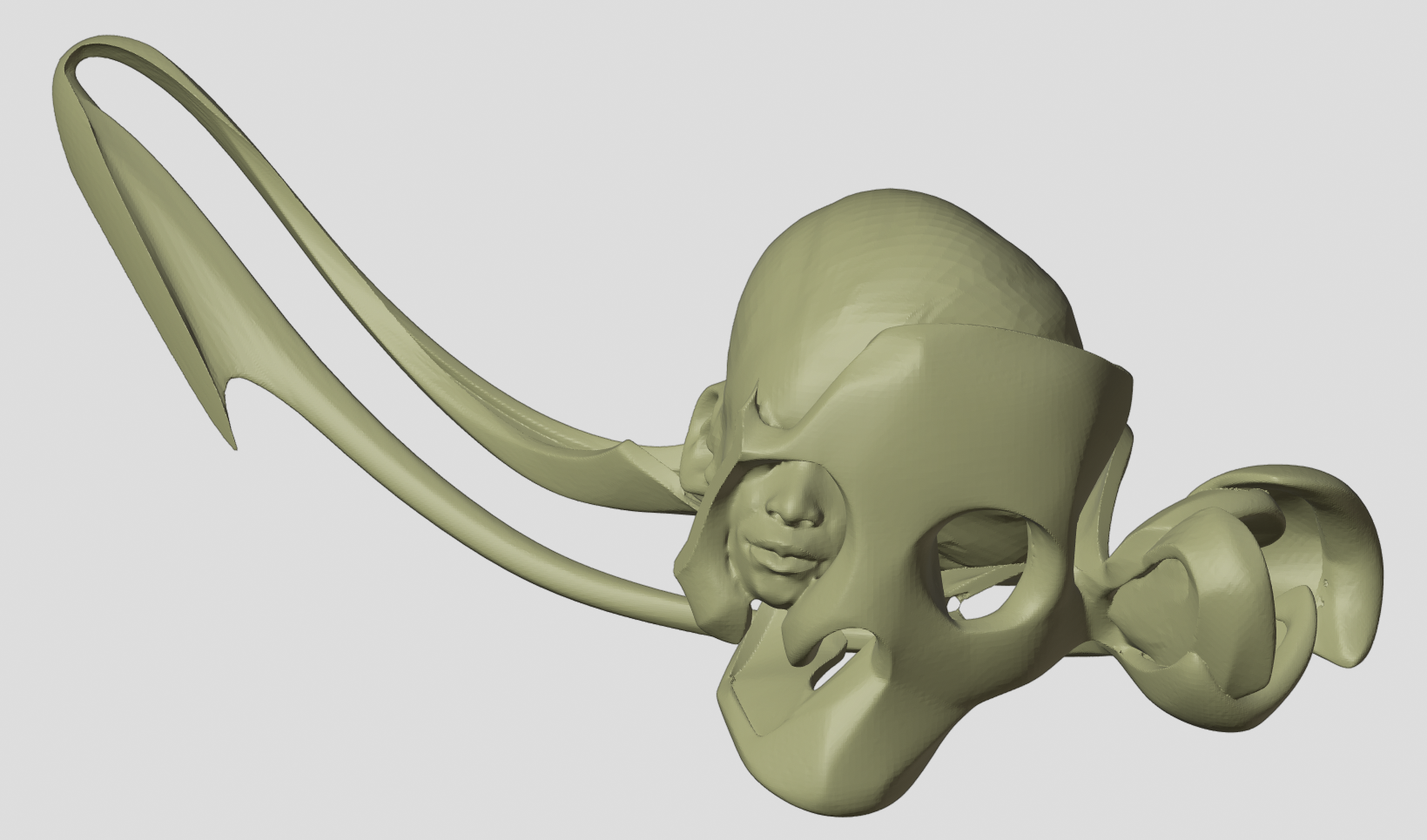 The Mystery, second version in pale green: the skull smoothed and helmeted, the face sunk in its socket, a long horn looping back like a ribbon The Mystery, second version in pale green: the skull smoothed and helmeted, the face sunk in its socket, a long horn looping back like a ribbon