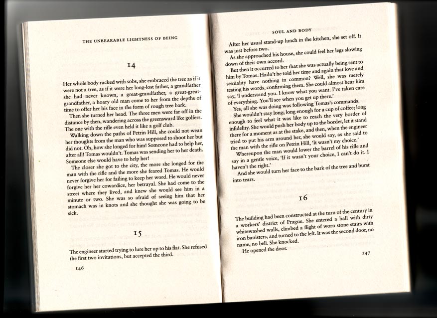 Scanned spread from The Unbearable Lightness of Being, chapters 14 to 16: Tereza embraces a tree like a lost grandfather while the man with the rifle waits