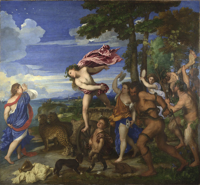 Titian's Bacchus and Ariadne: the god leaps from his cheetah-drawn chariot toward the startled Ariadne under a deep blue sky crowned with stars