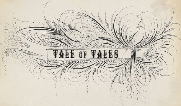 Tale of Tales lettered on a banner amid extravagant Spencerian pen flourishes that swirl into a long-tailed bird, in black ink on cream
