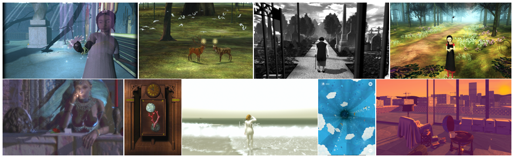 Grid of nine Tale of Tales game stills: The Path, The Endless Forest, The Graveyard, Fatale, Vanitas, Bientôt l'été, Luxuria Superbia, and Sunset