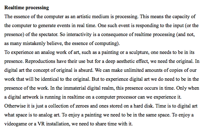 Text titled Realtime processing: the computer's essence as artistic medium is generating events in real time — time is to digital art what space is to analog art