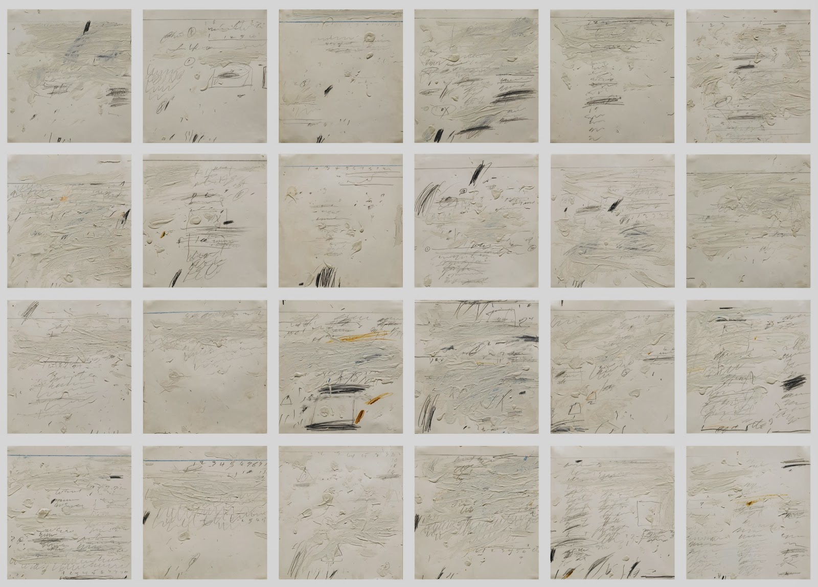 Cy Twombly's Poems to the Sea, 1959: twenty-four white panels of scribbled pencil, oil, and wax crayon evoking horizon lines, numbers, and sea-script