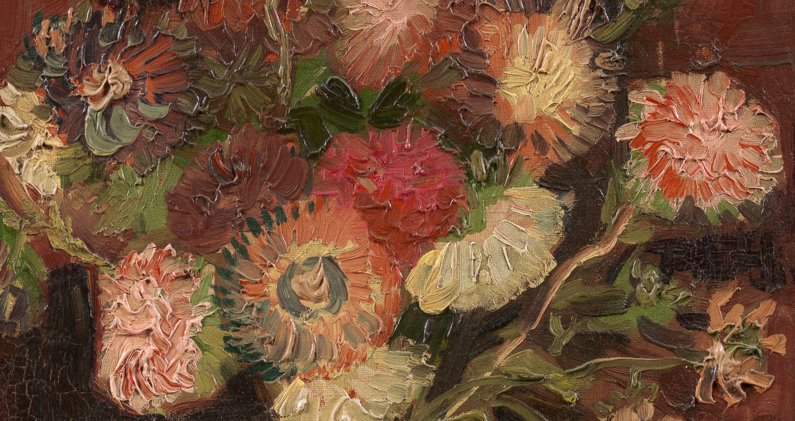 Close detail of a Van Gogh flower still life: asters and chrysanthemums in pink, ochre, and red built up in thick ridged impasto strokes