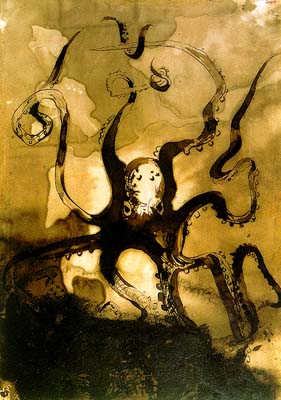 Victor Hugo's ink and sepia-wash drawing of an octopus, its curling tentacles emerging from golden-brown stains
