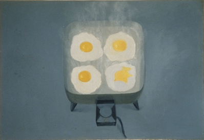 Vija Celmins's Eggs, 1964: four fried eggs sizzling on a grey double hot plate against a muted blue-grey ground