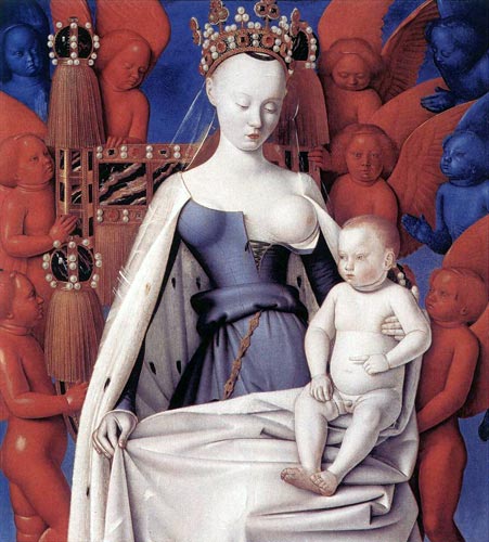 Jean Fouquet's Virgin and Child Surrounded by Angels from the Melun Diptych: the pale crowned Virgin bares one breast amid red and blue seraphim