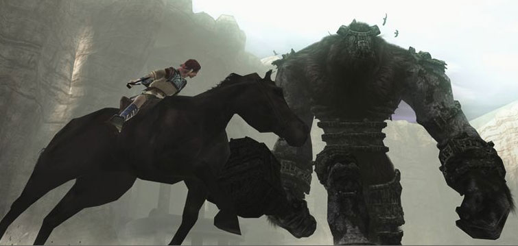 Still from Shadow of the Colossus: Wander on his black horse Agro wheels before a towering, moss-grown stone colossus