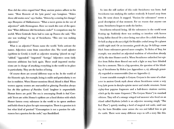 Spread from Anne Carson's Autobiography of Red, pages 4 and 5: what difference did Stesichoros make — adjectives as the latches of being, and red Geryon of Erytheia