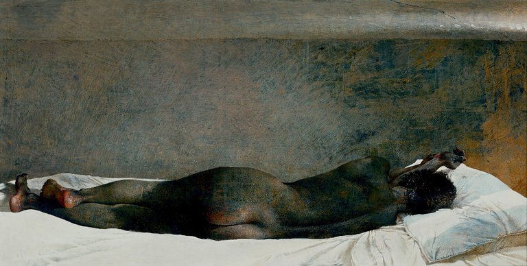 Andrew Wyeth's Barracoon: a nude figure lies asleep face down on white bedding against a scumbled umber wall