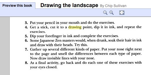 Page from Chip Sullivan's Drawing the Landscape: exercises for drawing with a pencil in your mouth, an ink-dipped stick, your nose, and finally with your eyes closed