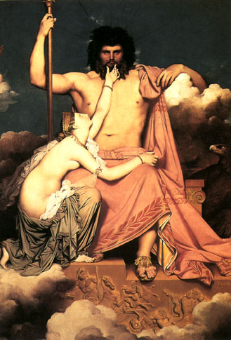 Ingres's Jupiter and Thetis: the sea nymph kneels against the enthroned god's knee, one arm raised to his chin in supplication, an eagle at his side