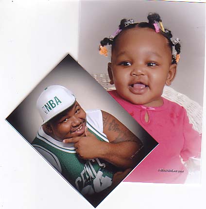 Two studio portraits fanned on a scanner: a grinning man in an NBA cap and Celtics jersey, and a baby girl in pink with beaded braids