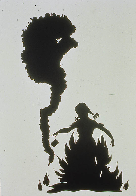 Kara Walker's Burn: black paper silhouette of a girl with braids standing in cut flames, a gnarled plume of smoke towering above her