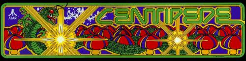 Atari Centipede arcade marquee: the green centipede winds through red-capped mushrooms and yellow starbursts in purple and green